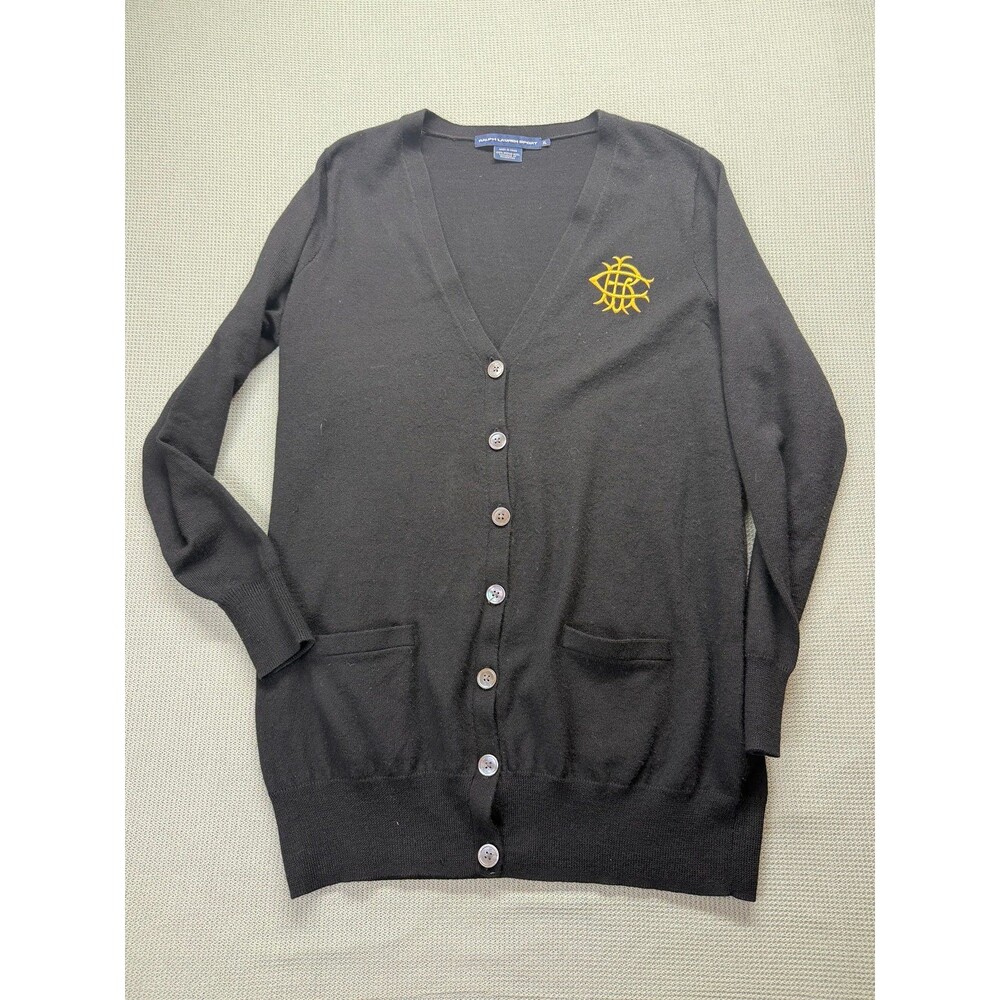 Vintage Ralph Lauren Sport Black Cardigan Sweater Embroidered 100% Wool